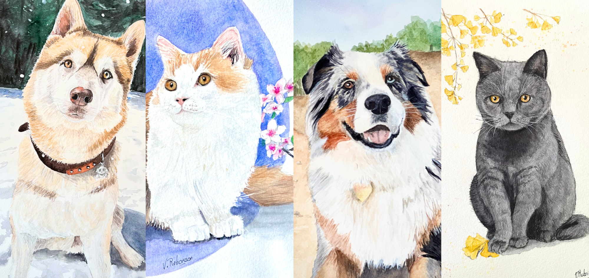 Quatre aquarelle personnalisée d'animaux : deux portrait de chien Husky, deux portrait de chat.