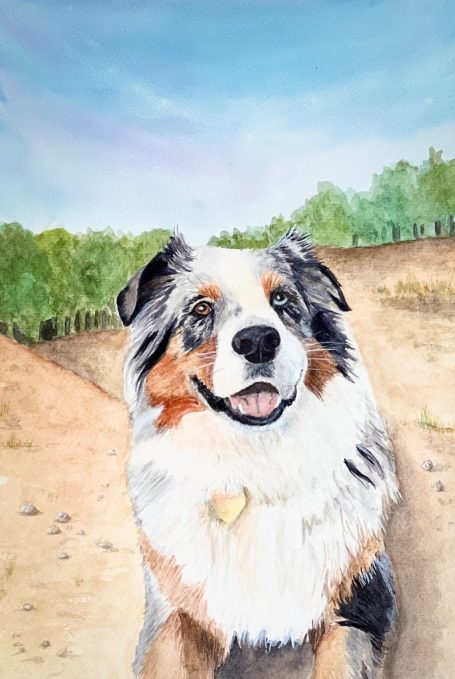 Aquarelle personnalisée, portrait sur commande d'un chien australien souriant, devant un paysage naturel, avec des arbres en arrière-plan.