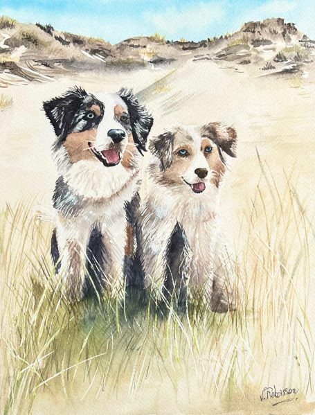 Peinture aquarelle personnalisée de  chien de berger se tient dans un champ herbeux sous un ciel bleu.