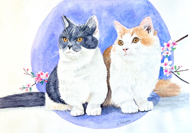 Commande personnalisée d'aquarelle de chat, Deux chats assis côte à côte, un noir et blanc et un roux et blanc, sur fond pastel.